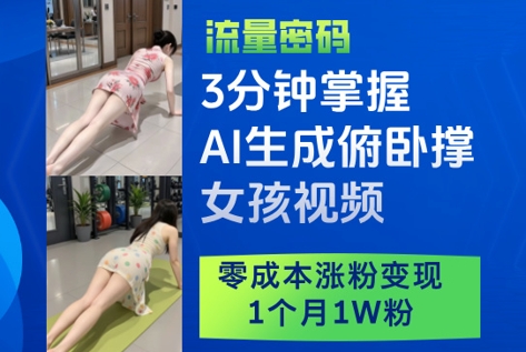 3分钟掌握AI生成俯卧撑女孩视频，零成本涨粉变现，1个月1W粉-科景网创