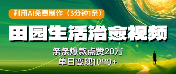 利用AI免费制作田园生活治愈视频，条条爆款点赞20W，单日变现几张-科景网创