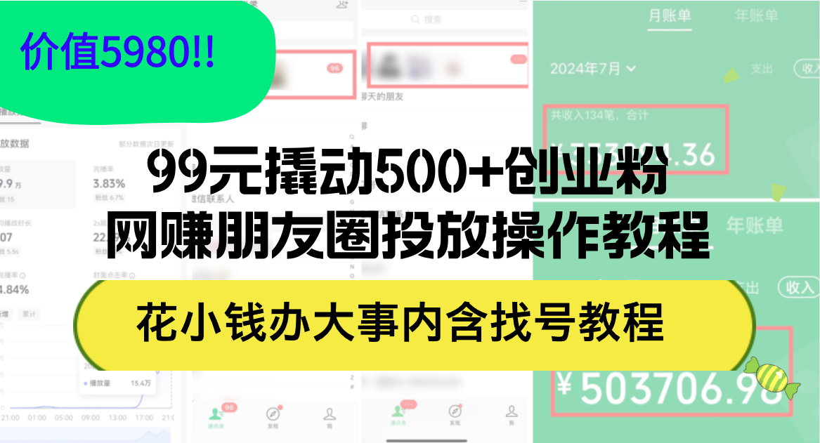 99元撬动500+创业粉，网赚朋友圈投放操作教程价值5980！花小钱办大事内…-科景网创