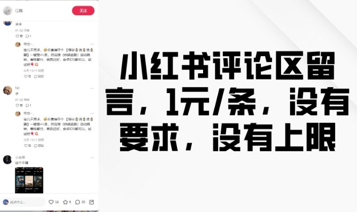 小红书评论区留言，1元条，没有要求，没有上限-科景网创