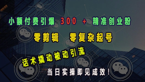 小额付费引爆 300 + 精准创业粉，零剪辑、零复杂起号，话术撬动被动引流，当日实操即见成效-科景网创